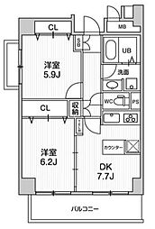 第六鳥塚ビル 4階2DKの間取り