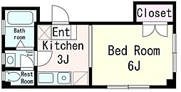 コーポ富貴 2階ワンルームの間取り