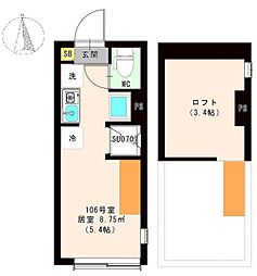 ハーモニーテラス東新町II 1階ワンルームの間取り