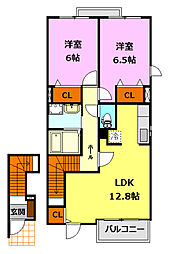 シャン・ド・フルール弐番館 2階2LDKの間取り