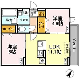 セレスティア細田A 3階2LDKの間取り