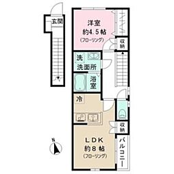 RIZ大京町 W棟 2階1LDKの間取り