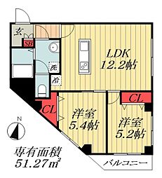 JR総武線 西船橋駅 徒歩10分の賃貸マンション 3階2LDKの間取り