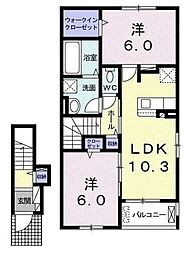 京成松戸線 北習志野駅 徒歩15分の賃貸アパート 2階2LDKの間取り