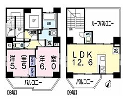 東京メトロ南北線 麻布十番駅 徒歩8分の賃貸マンション 9階2LDKの間取り