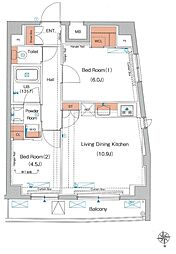 エストゥルース東高円寺 8階2LDKの間取り