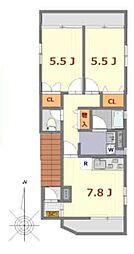 ふじみ野T＆T 3階2DKの間取り