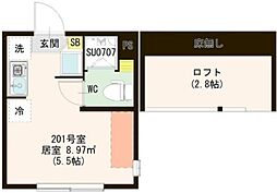 キューブときわ台 2階ワンルームの間取り