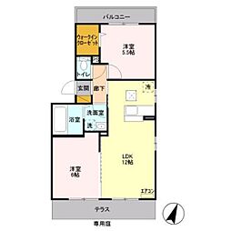 ジュヴァンセル　B 1階2LDKの間取り