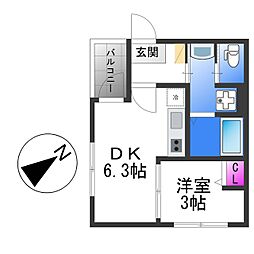 ハーモニーテラス東中川 3階1DKの間取り