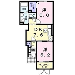 カリーノパラッツォＢ 1階2DKの間取り
