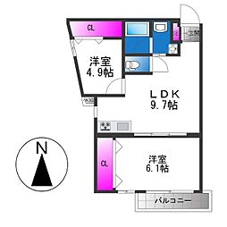 グランガーデン足代新町 2LDKの間取図画像