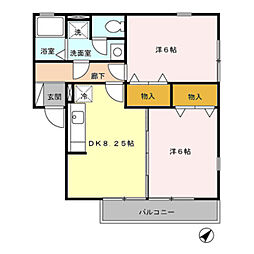 ウィルモア岡本 1階2DKの間取り
