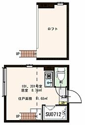 JR総武線 東中野駅 徒歩10分の賃貸アパート 1階ワンルームの間取り