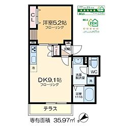 アルブル オ クロシェット 1階1DKの間取り