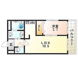 シスイル遠里小野 2階1LDKの間取り