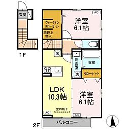稲城市東長沼アパート 2LDKの間取図画像
