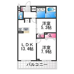 トリニティ三国ヶ丘 3階2LDKの間取り