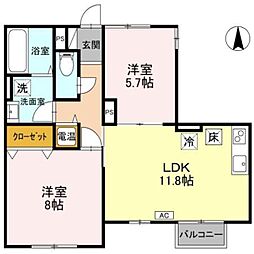神鉄有馬線 北鈴蘭台駅 徒歩19分の賃貸アパート 1階2LDKの間取り