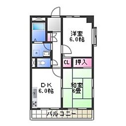 シャトー中三 3階2DKの間取り