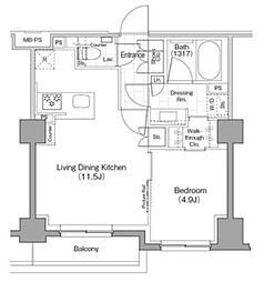 ザ・パークハビオ新宿 2階1LDKの間取り