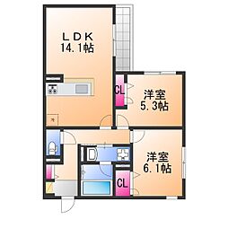 D-residence西野B棟 2LDKの間取図画像