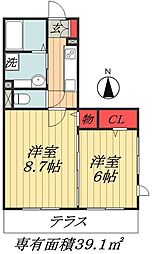 JR総武線 本八幡駅 徒歩20分の賃貸アパート 1階2Kの間取り