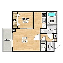 神戸市西神・山手線 上沢駅 徒歩4分の賃貸アパート 3階1LDKの間取り