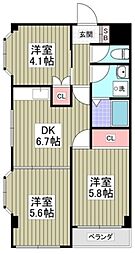 フォンティーヌ南田園 3DKの間取図画像