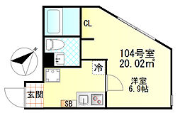 リバティ東門前 1Kの間取図画像