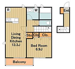 多摩都市モノレール 大塚・帝京大学駅 徒歩12分の賃貸アパート 2階1LDKの間取り