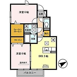 ルミエール岩橋　B棟 1階2DKの間取り