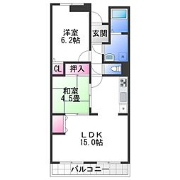 JR阪和線 北信太駅 徒歩13分の賃貸マンション 2階2LDKの間取り