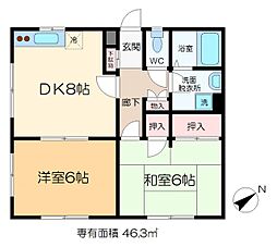 パルデンス山内 1階2DKの間取り