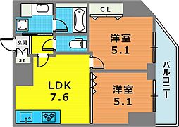 ロイヤルヒル神戸三ノ宮II 10階2LDKの間取り