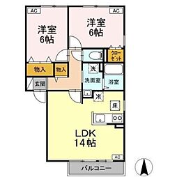 パルアモーレ　B 1階2LDKの間取り