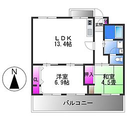 JR関西本線 志紀駅 徒歩15分の賃貸マンション 4階2LDKの間取り