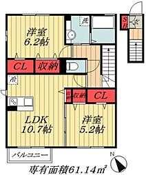JR総武線 市川駅 徒歩21分の賃貸アパート 2階2LDKの間取り