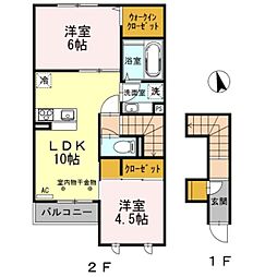 京王相模原線 多摩境駅 徒歩17分の賃貸アパート 2階2LDKの間取り