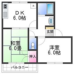 ハミングハイツ3号館 2階2DKの間取り