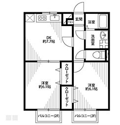 アムール HAPPINESS 2階2DKの間取り