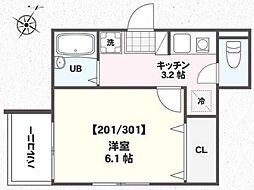 タウンフィールドII-A 2階1Kの間取り