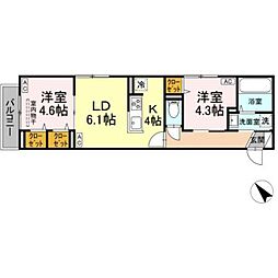 セレスティア白鳥 3階2LDKの間取り