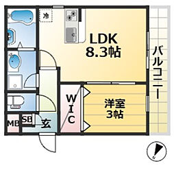 エハコ日暮通 2階1LDKの間取り