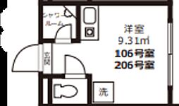 カーサミモザ 106 1階ワンルームの間取り
