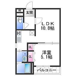 フジパレス北新金屋丁 1階1LDKの間取り
