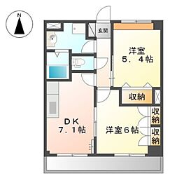 グレイシャスパレス千代 2階2DKの間取り