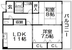 北川ハイツ 2LDKの間取図画像