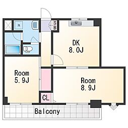 リベラルパレス新留 2階2DKの間取り