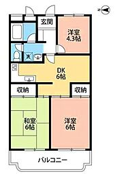 フルール三神三番館 3DKの間取図画像